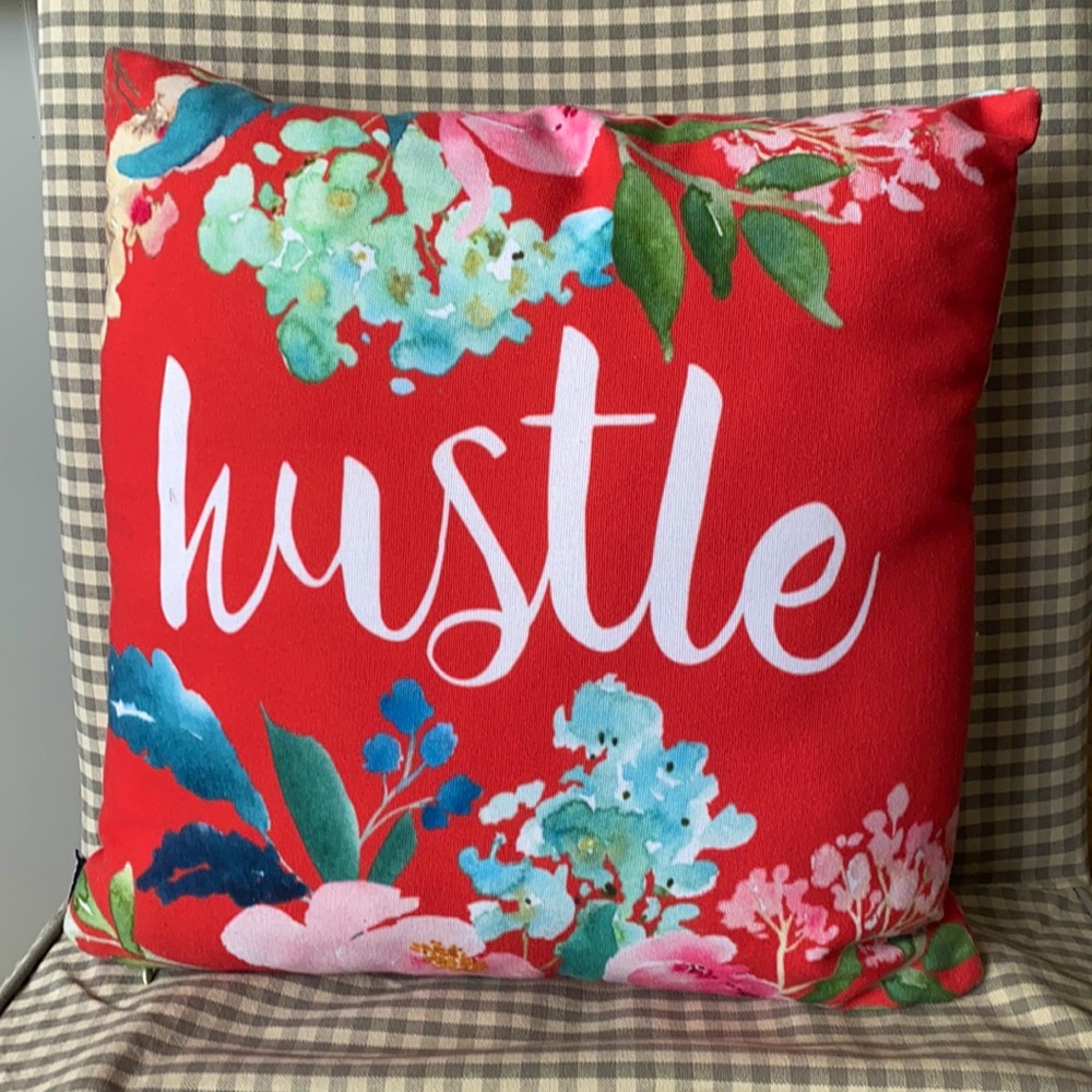 “hustle” red floral throw pillow